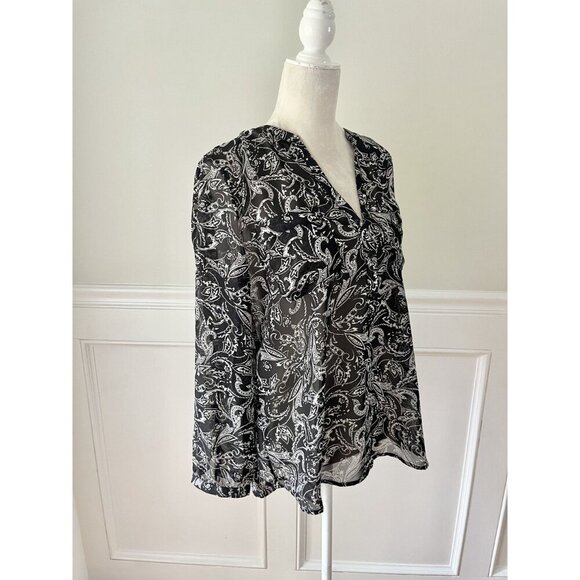 Gap Black & Cream Print Popover Blouse Semi Sheer L - Picture 3 of 5